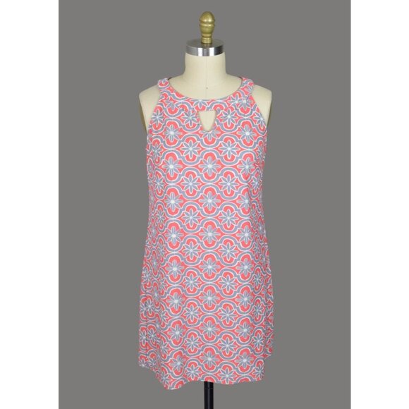 ARYEH FLORAL GEOMETRIC PRINT CORAL SHIFT DRESS - Picture 1 of 7